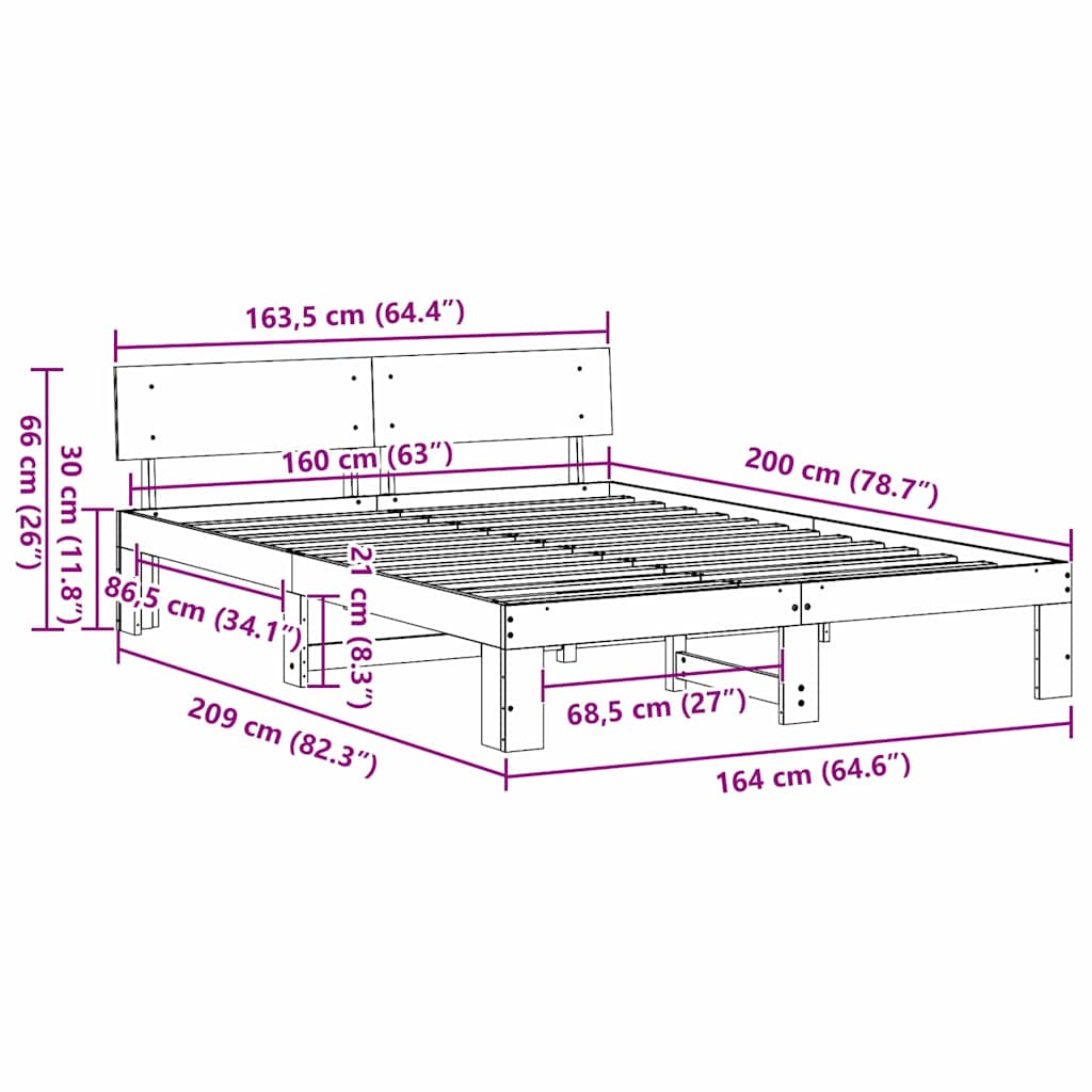 Bed Frame with Headboard White 160 x 200 cm Solid Pine Wood