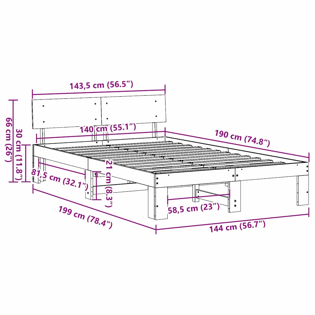 Bed Frame with Headboard White 140 x 190 cm Solid Pine Wood
