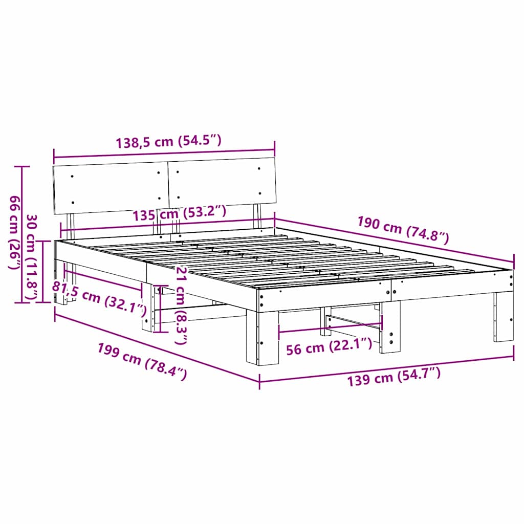 Bed Frame with Headboard Wax Brown 135 x 190 cm Solid Pine Wood