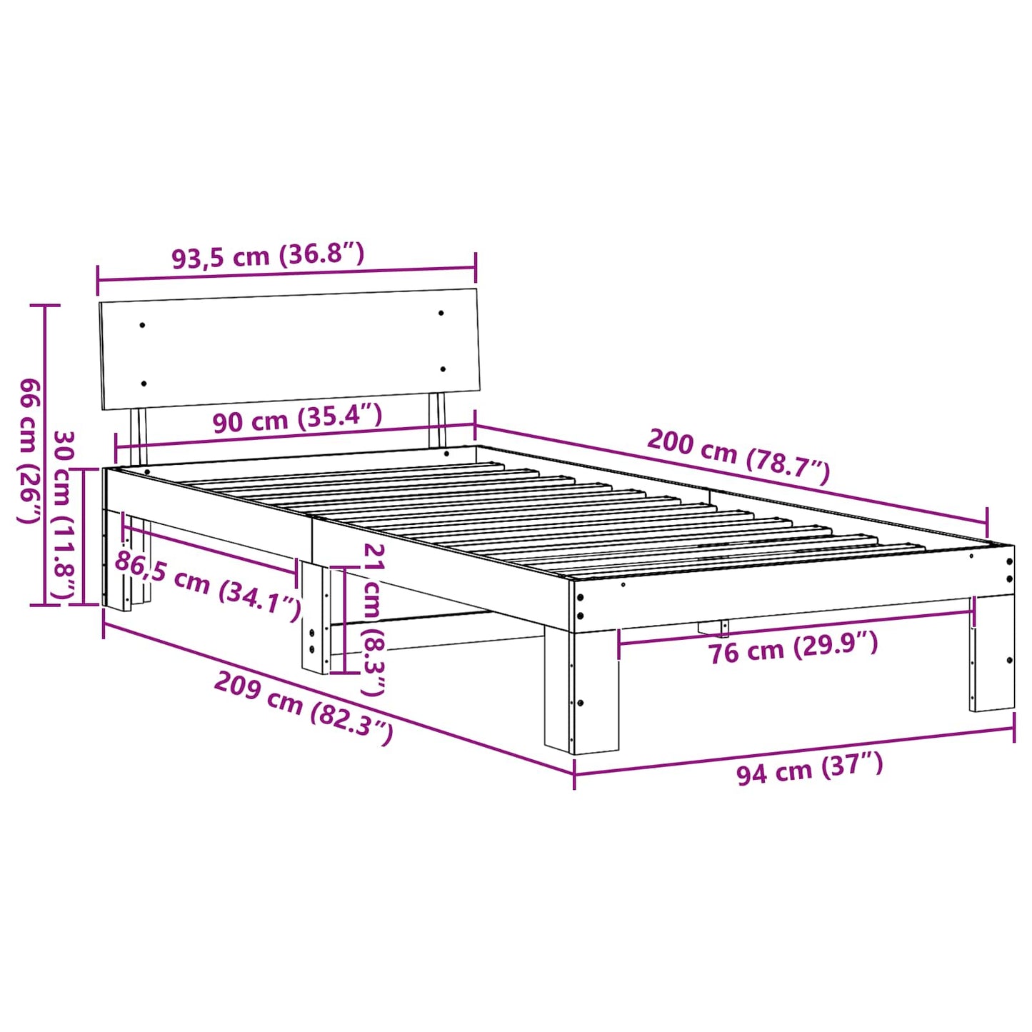 Bed Frame with Headboard Wax Brown 90 x 200 cm Solid Pine Wood