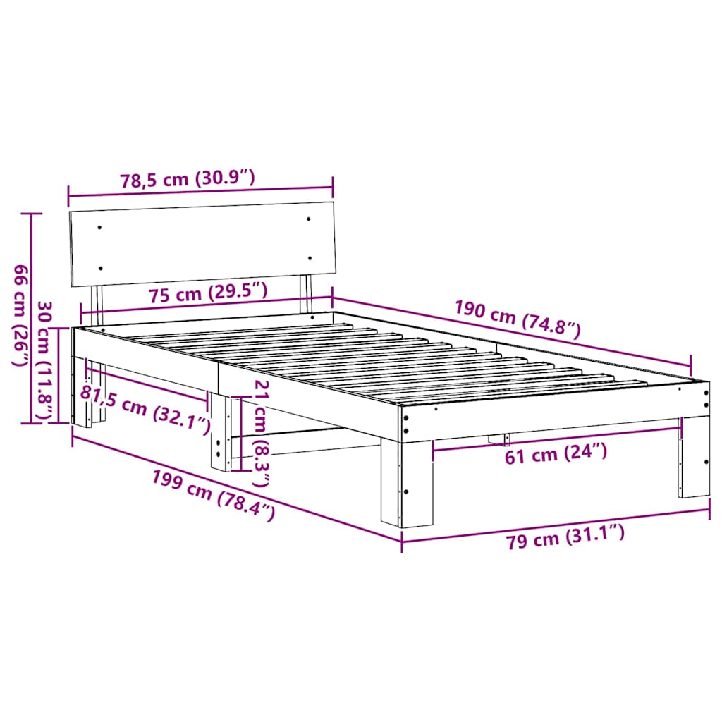 Bed Frame with Headboard Wax Brown 75 x 190 cm Solid Pine Wood