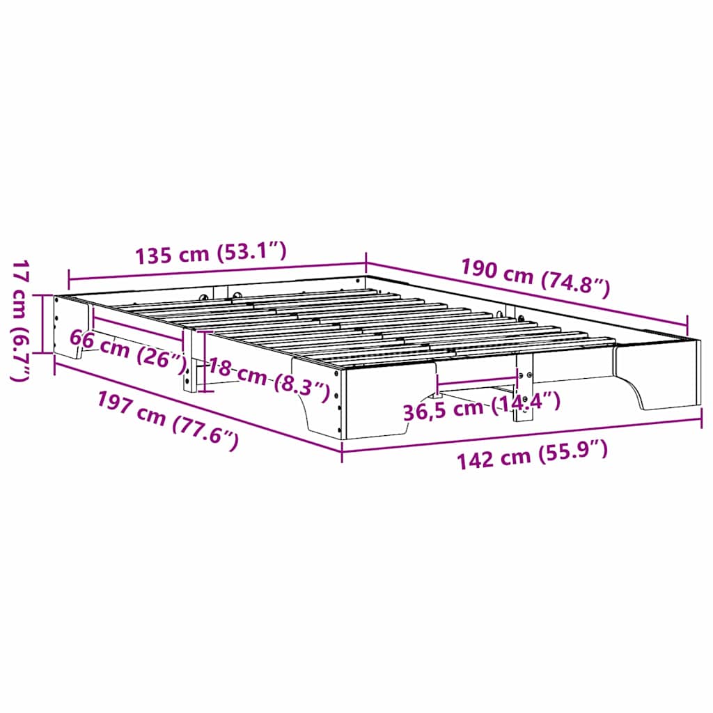 Bed Frame Wax Brown 135 x 190 cm Solid Pine Wood