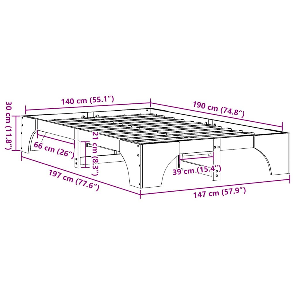 Bed Frame White 140 x 190 cm Solid Pine Wood