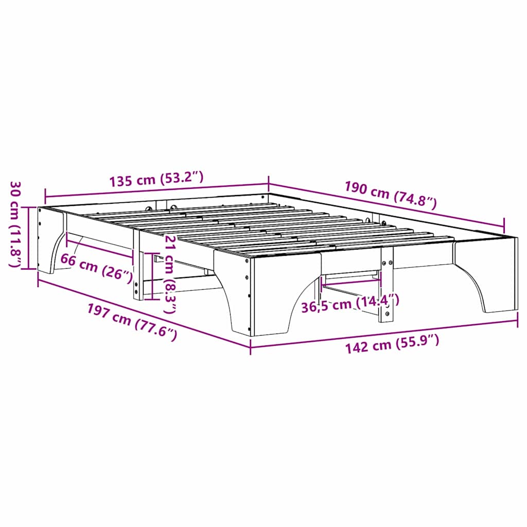 Bed Frame White 135 x 190 cm Solid Pine Wood