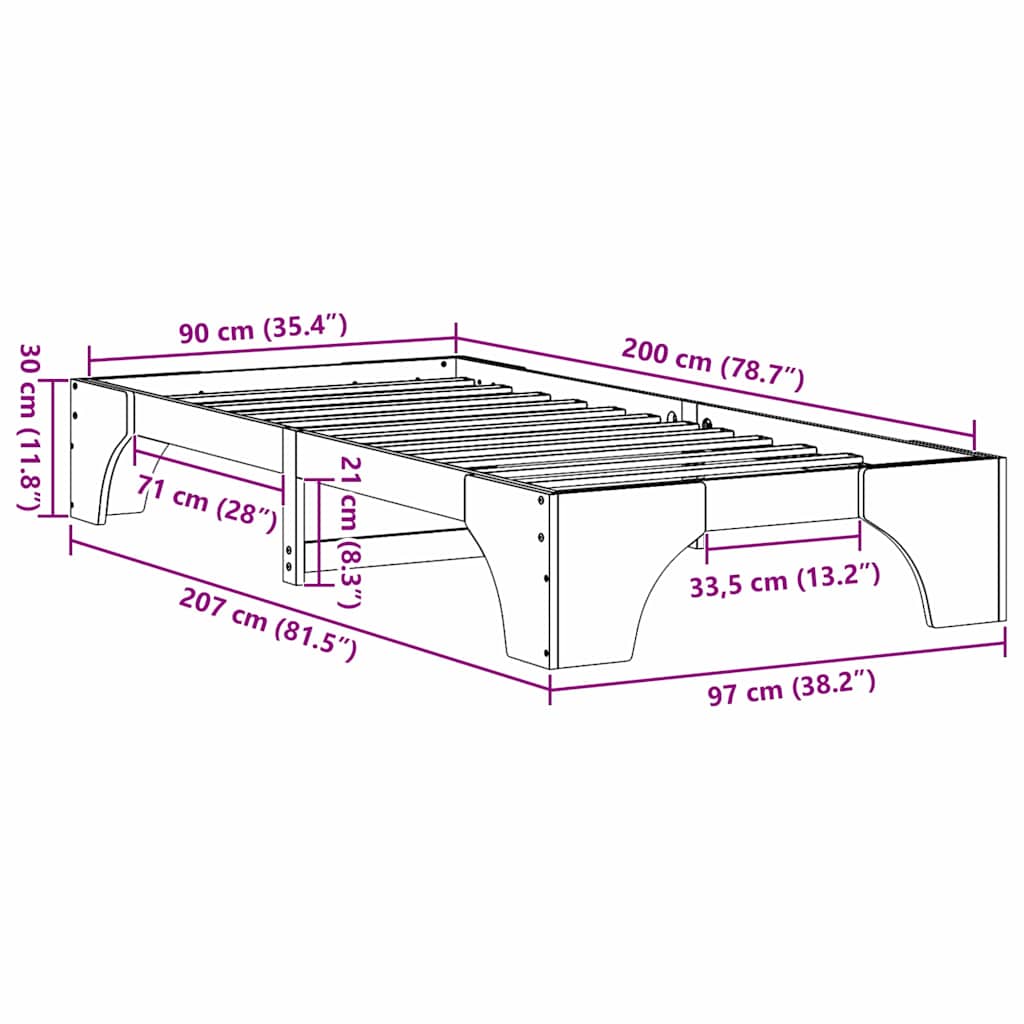 Bed Frame Natural 90 x 200 cm Solid Pine Wood
