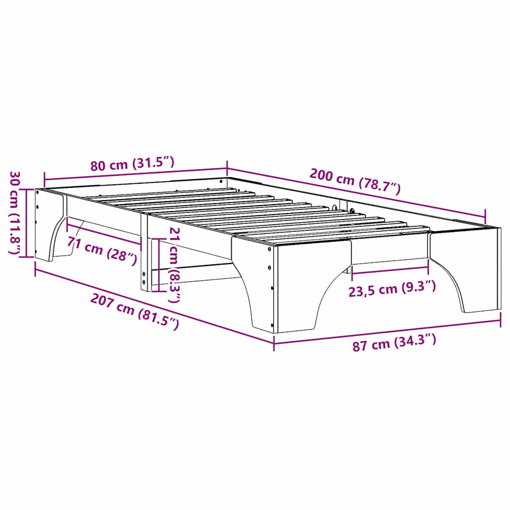 Bed Frame White 80 x 200 cm Solid Pine Wood
