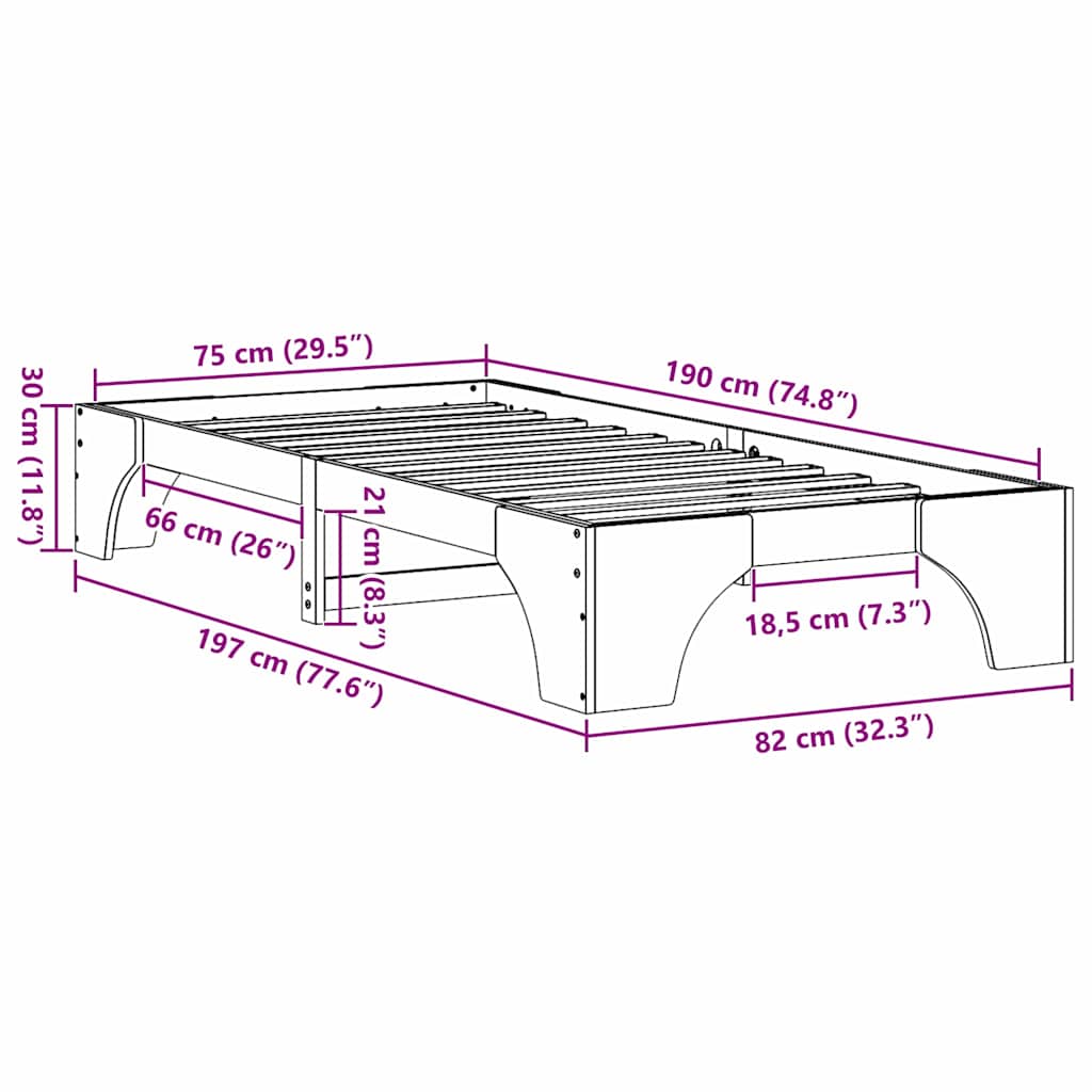 Bed Frame Natural 75 x 190 cm Solid Pine Wood