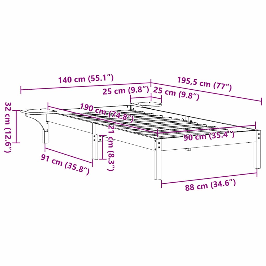 Bed Frame Wax Brown 90 x 190 cm Solid Pine Wood