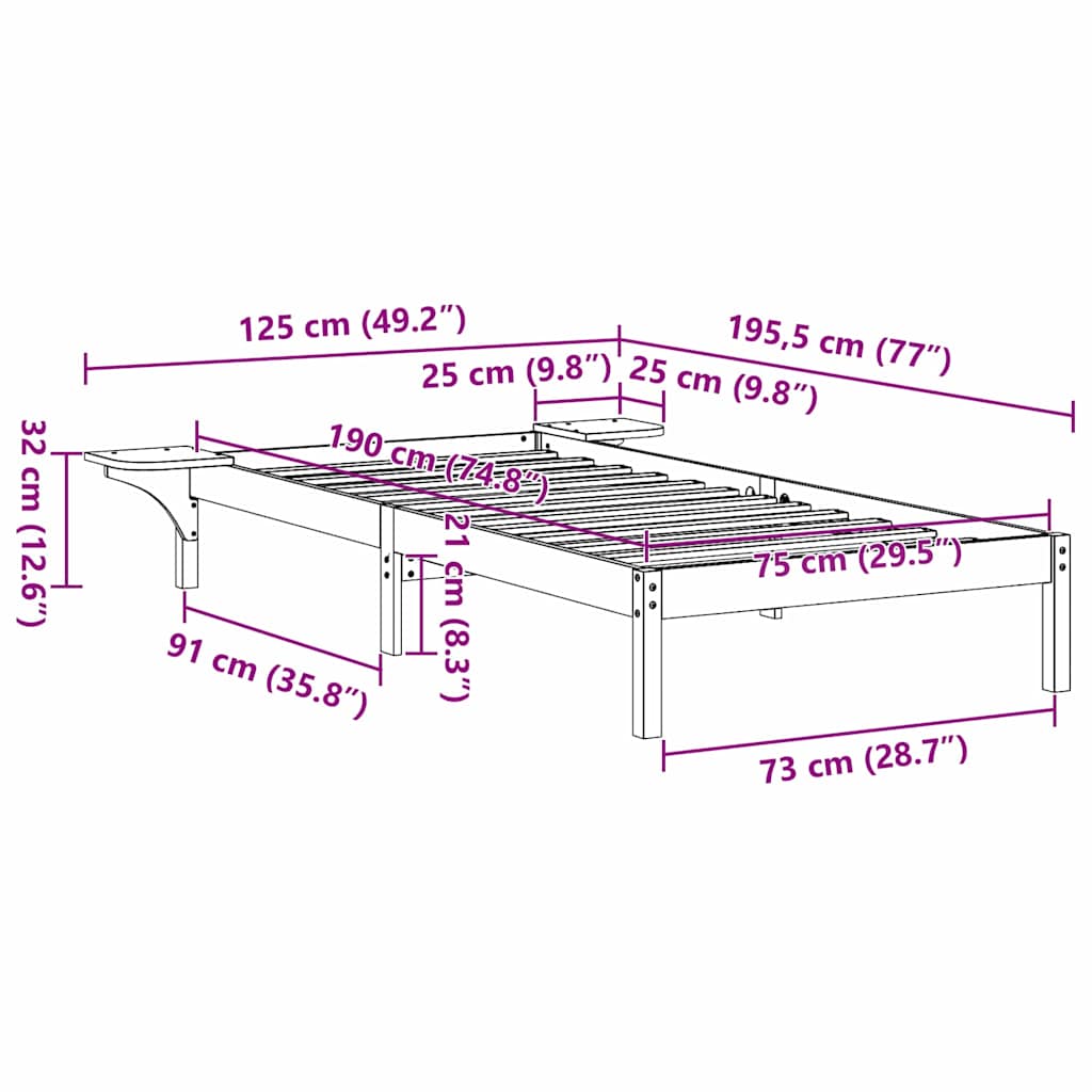 Bed Frame Natural 75 x 190 cm Solid Pine Wood