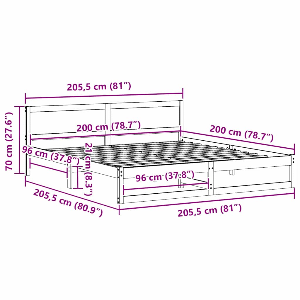 Bed Frame with Headboard Wax Brown 200 x 200 cm Solid Pine Wood