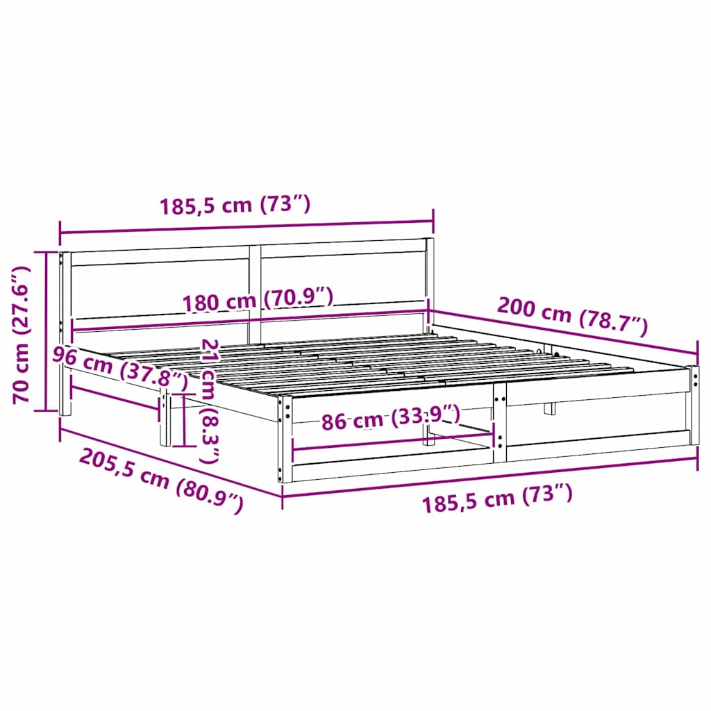 Bed Frame with Headboard White 180 x 200 cm Solid Pine Wood