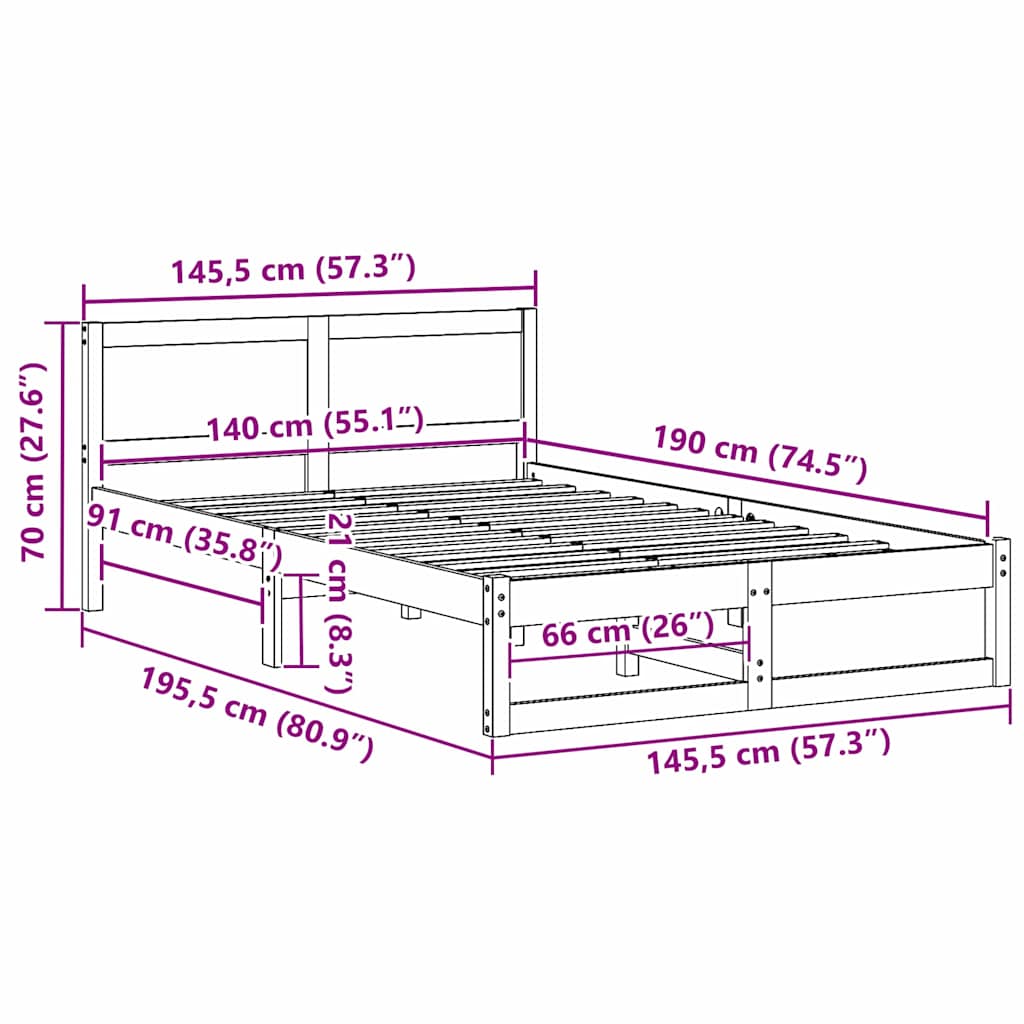 Bed Frame with Headboard Natural 140 x 190 cm Solid Pine Wood