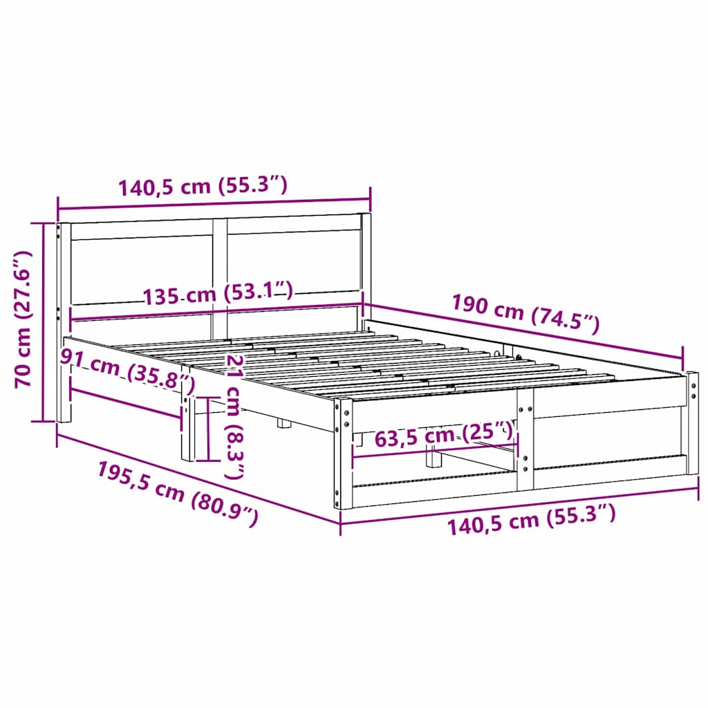 Bed Frame with Headboard White 135 x 190 cm Solid Pine Wood