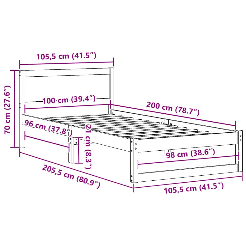 Bed Frame with Headboard Wax Brown 100 x 200 cm Solid Pine Wood