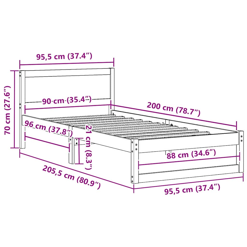 Bed Frame with Headboard Wax Brown 90 x 200 cm Solid Pine Wood
