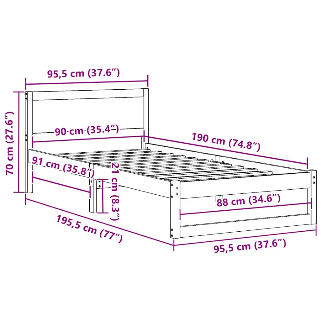 Bed Frame with Headboard Wax Brown 90 x 190 cm Solid Pine Wood