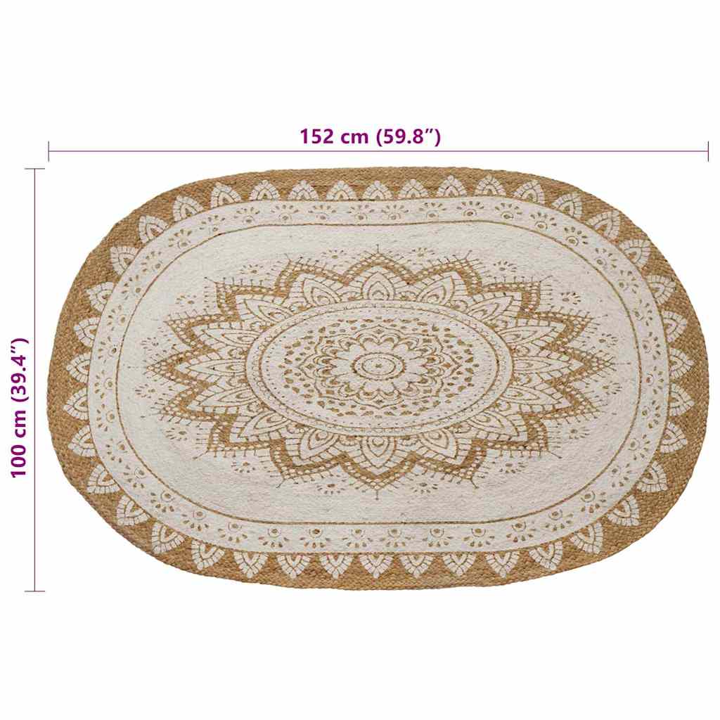 Area Rugs Floral Natural with White Print 100 x 152 cm Jute