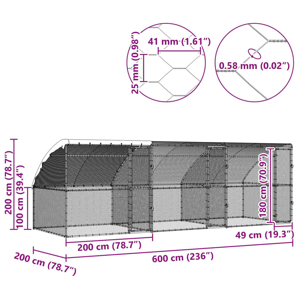 Chicken Cage 3 pcs Silver 600 x 200 x 200 cm Steel and PE