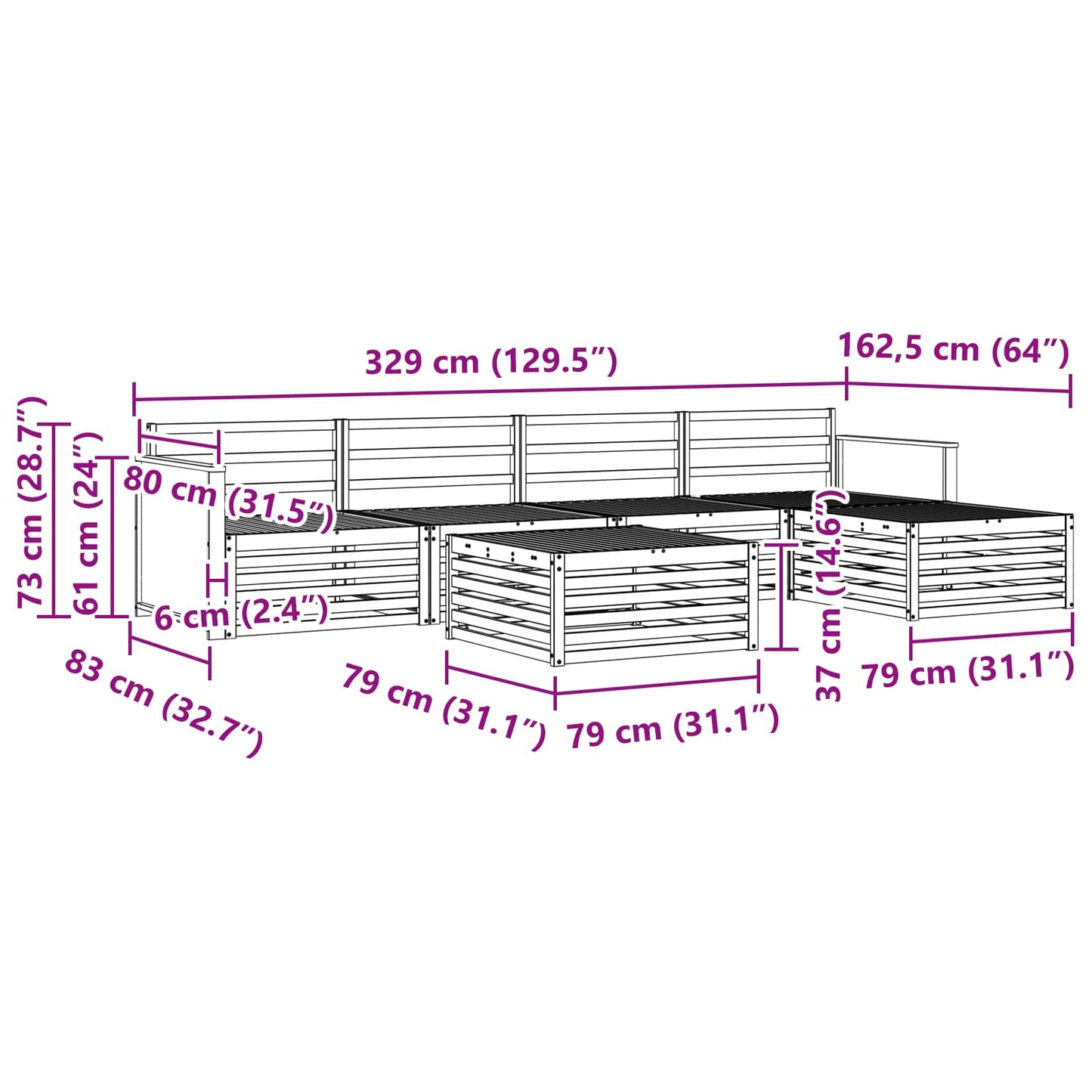 Outdoor Sofa Set 6 pcs Natural 79 x 79 x 37 cm