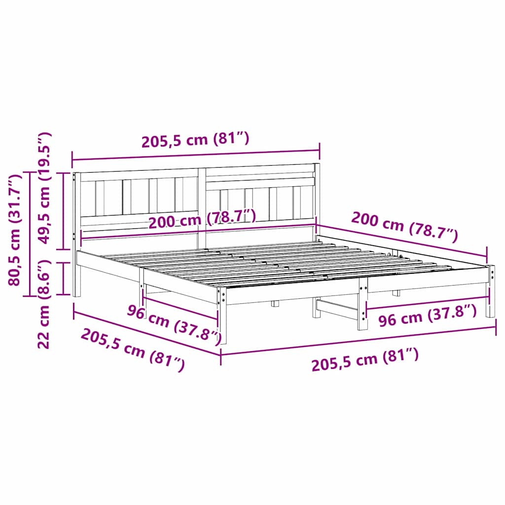 Bed Frame with Headboard Wax Brown 200 x 200 cm Solid Pine Wood