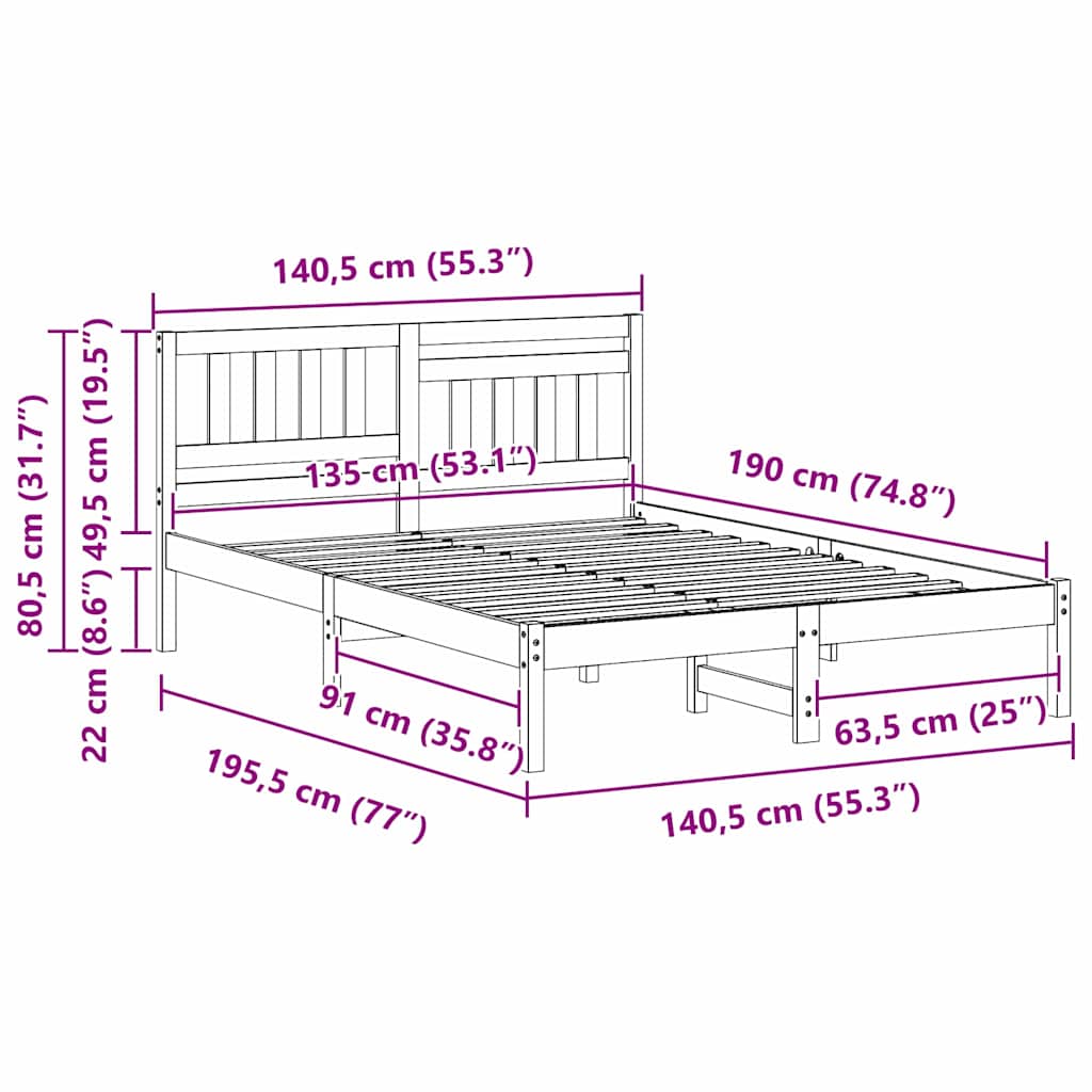 Bed Frame with Headboard White 135 x 190 cm Solid Pine Wood