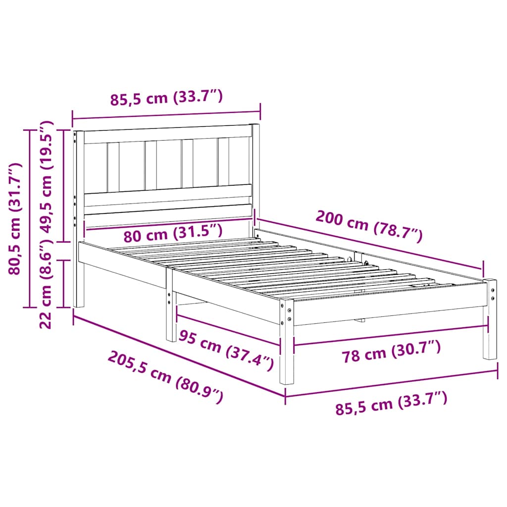 Bed Frame with Headboard Wax Brown 80 x 200 cm Solid Pine Wood