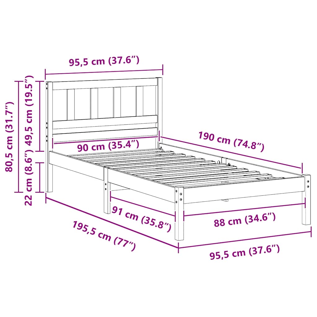 Bed Frame with Headboard Brown 90 x 190 cm Solid Pine Wood