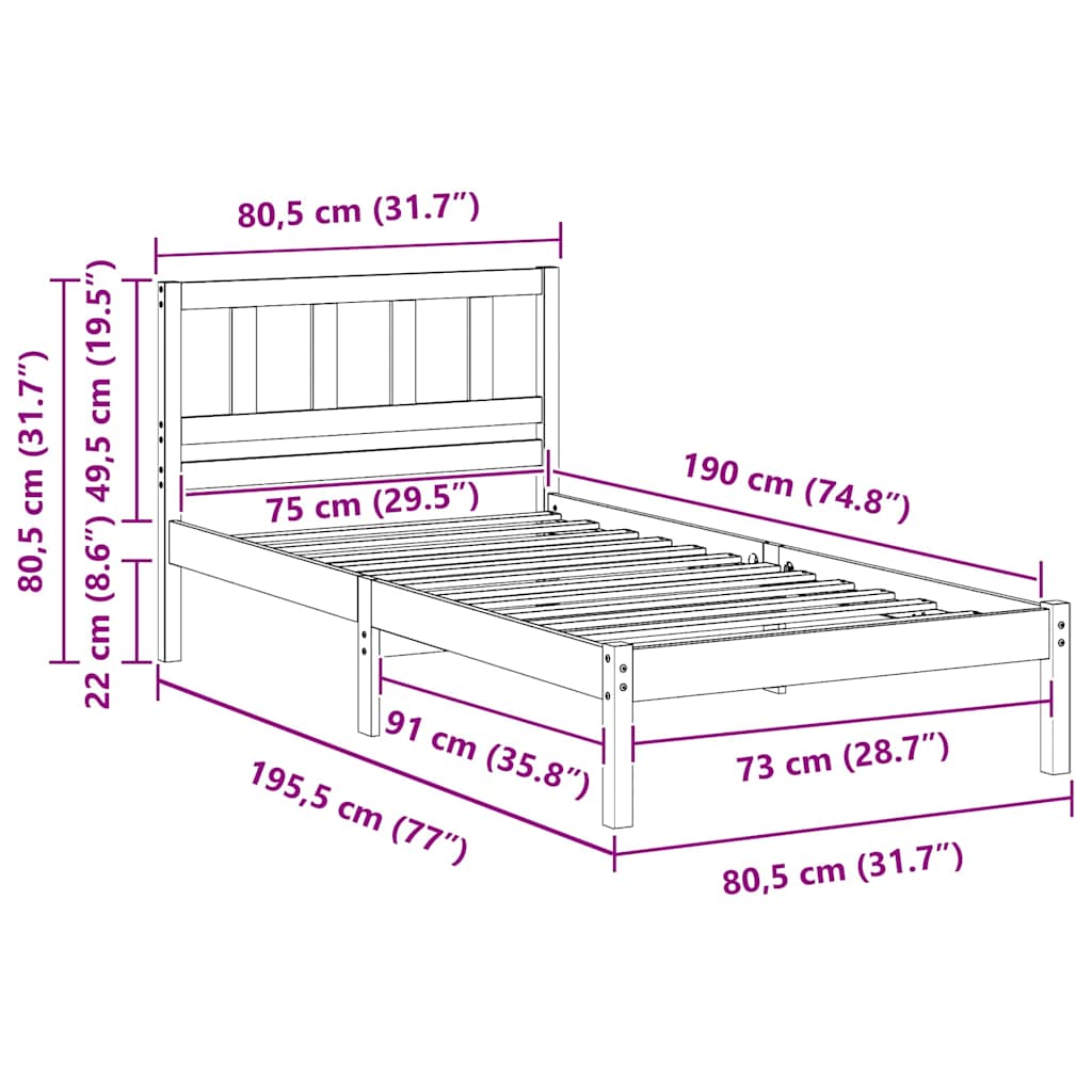 Bed Frame with Headboard Brown 75 x 190 cm Solid Pine Wood