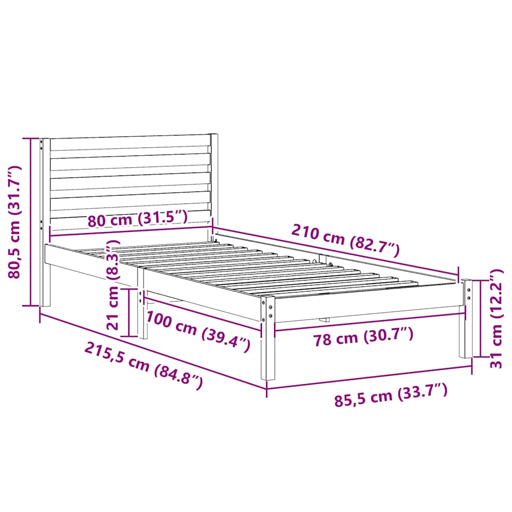 Bed Frame with Headboard Brown 80 x 210 cm Solid Pine Wood