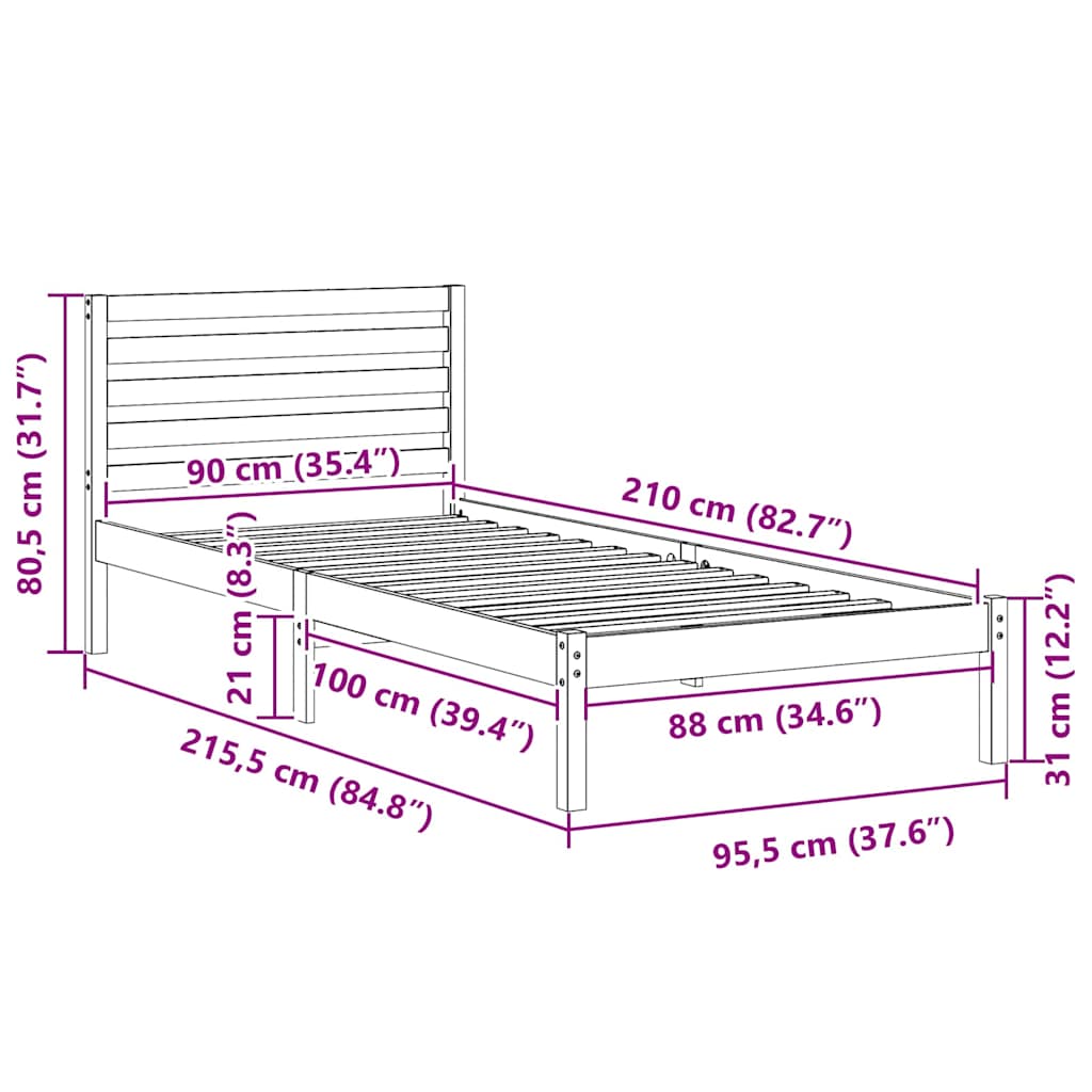 Bed Frame with Headboard White 90 x 210 cm Solid Pine Wood