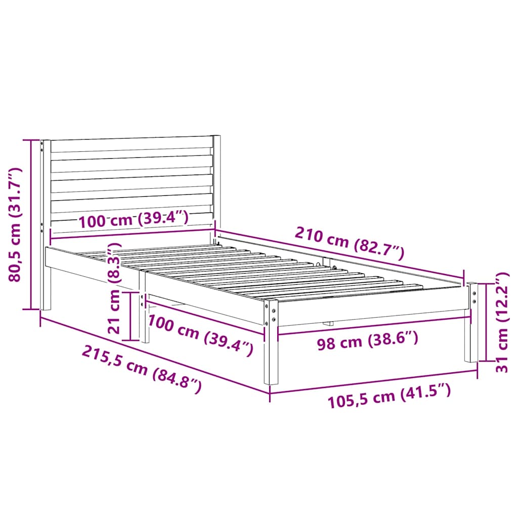 Bed Frame with Headboard Brown 100 x 210 cm Solid Pine Wood
