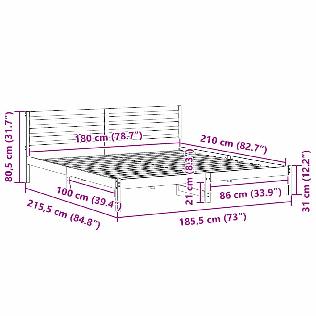 Bed Frame with Headboard White 180 x 210 cm Solid Pine Wood
