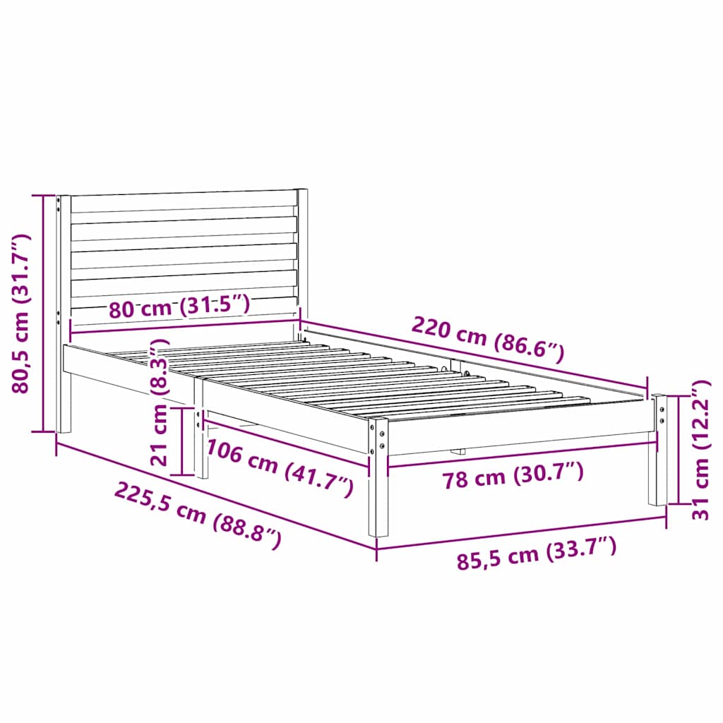 Bed Frame with Headboard White 80 x 220 cm Solid Pine Wood
