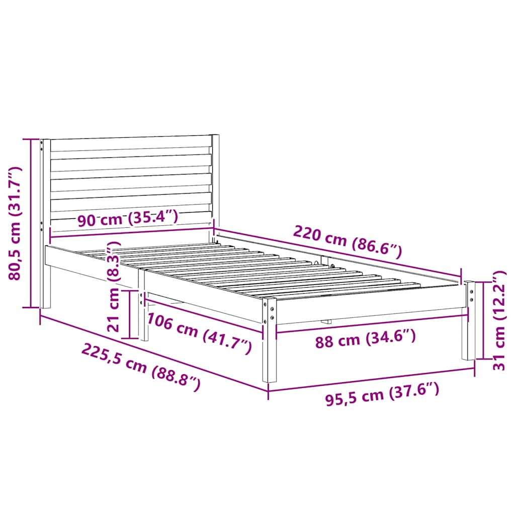 Bed Frame with Headboard White 90 x 220 cm Solid Pine Wood