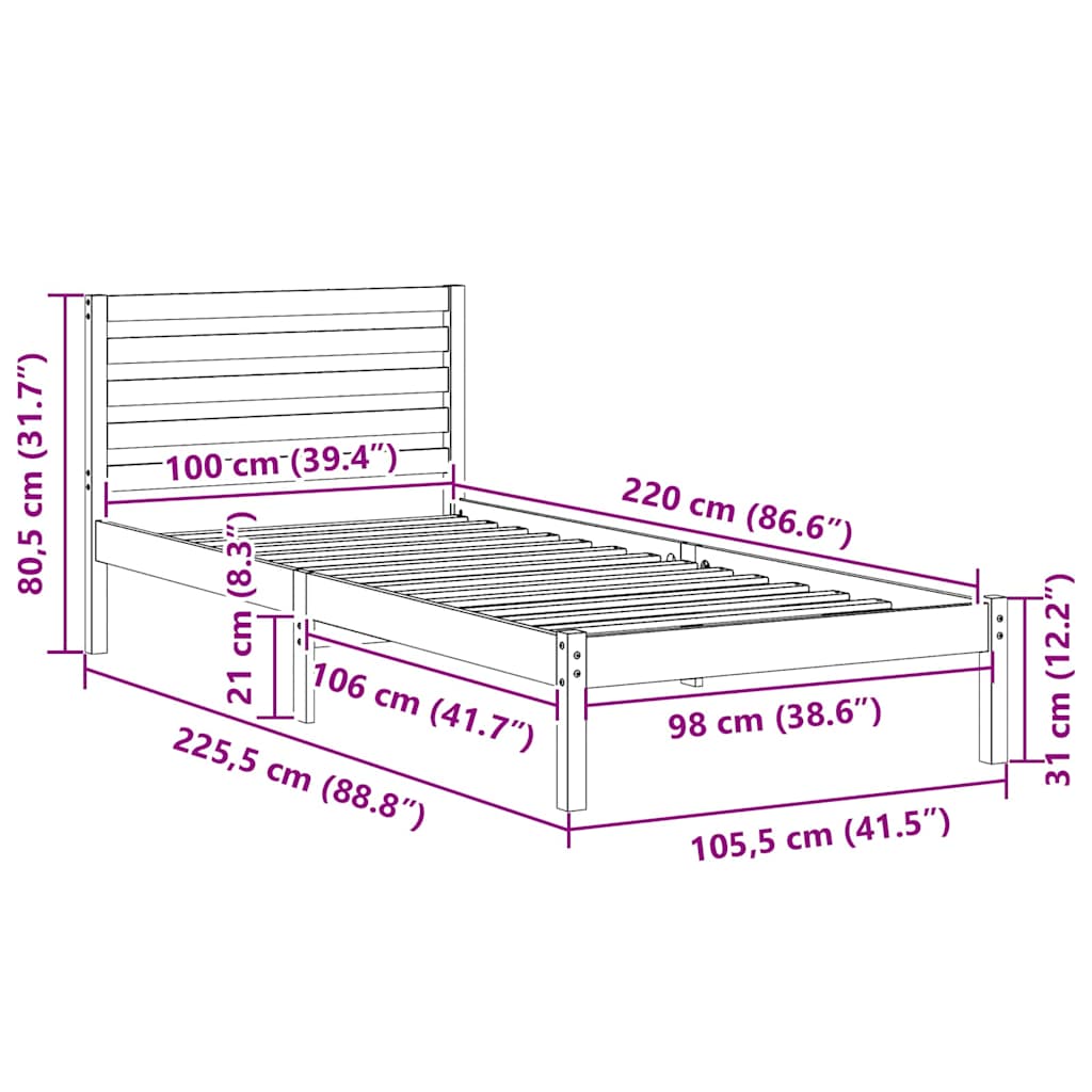 Bed Frame with Headboard Brown 100 x 220 cm Solid Pine Wood