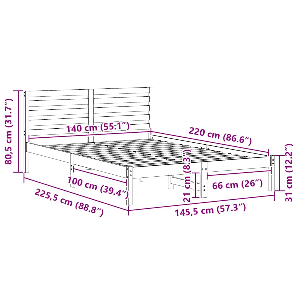 Bed Frame with Headboard Wax Brown 140 x 220 cm Solid Pine Wood