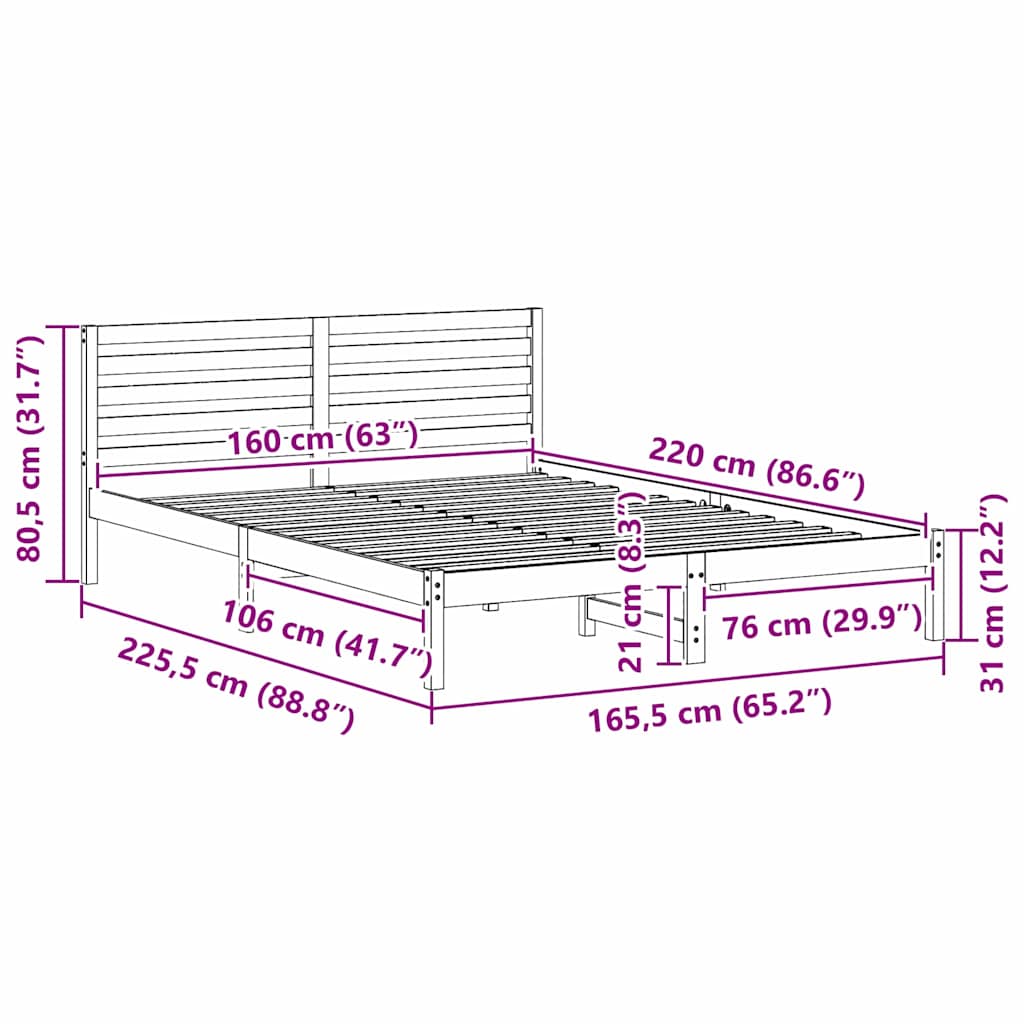 Bed Frame with Headboard White 160 x 220 cm Solid Pine Wood