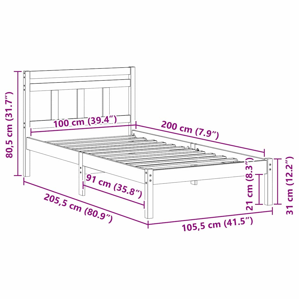 Bed Frame White 100 x 200 cm Solid Pine Wood
