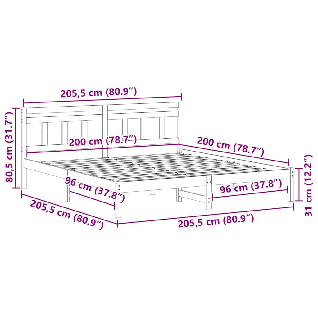 Bed Frame White 200 x 200 cm Solid Pine Wood