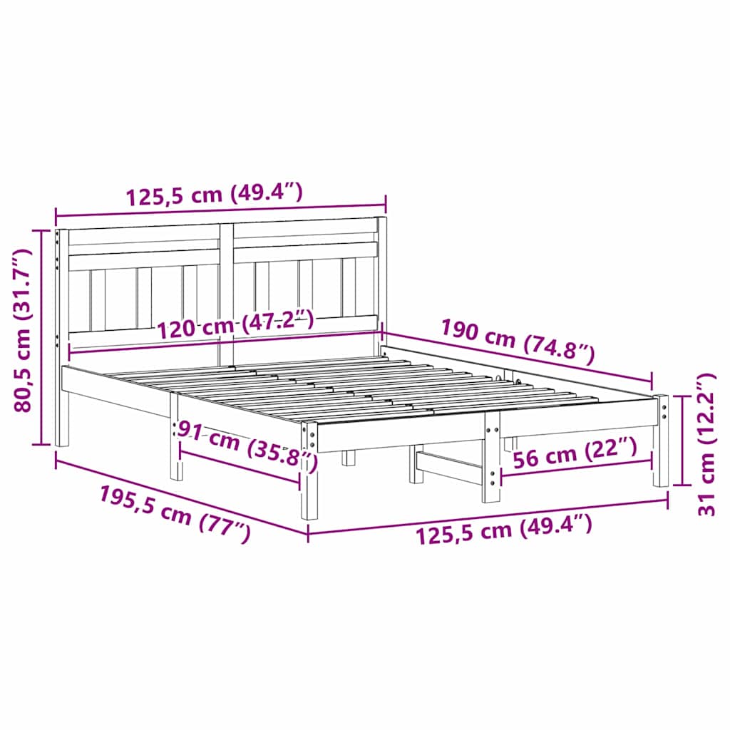 Bed Frame Brown 120 x 190 cm Solid Pine Wood