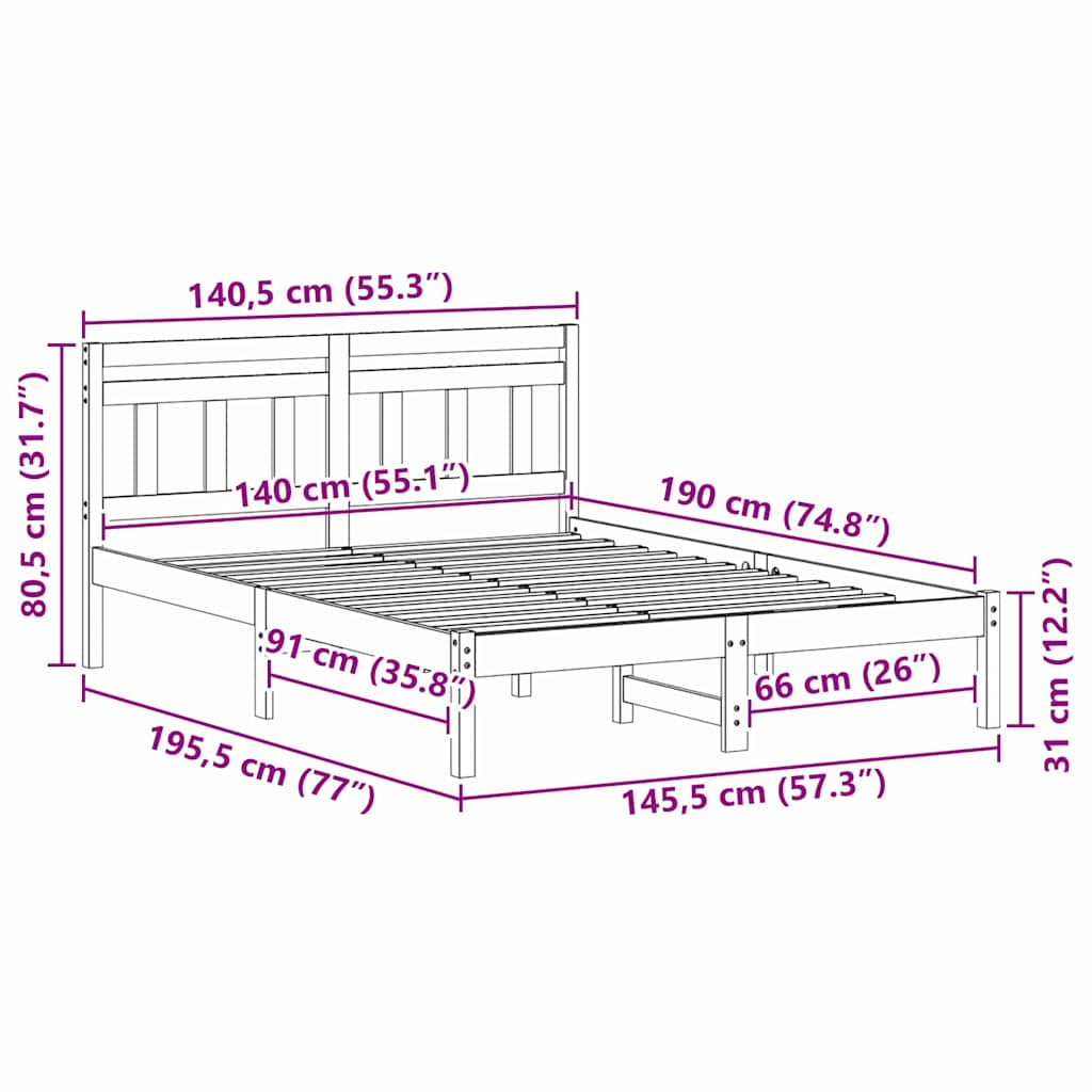 Bed Frame Brown 140 x 190 cm Solid Pine Wood