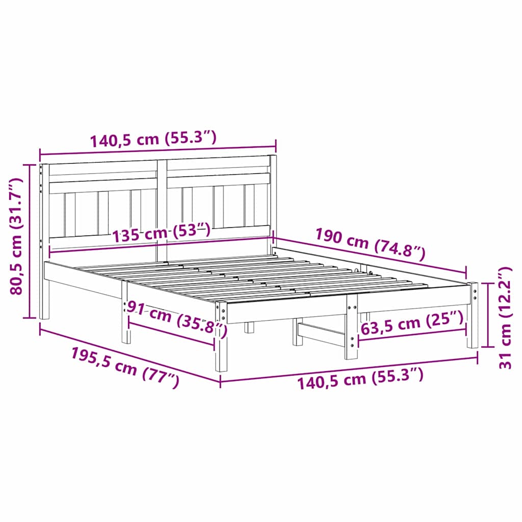 Bed Frame White 135 x 190 cm Solid Pine Wood