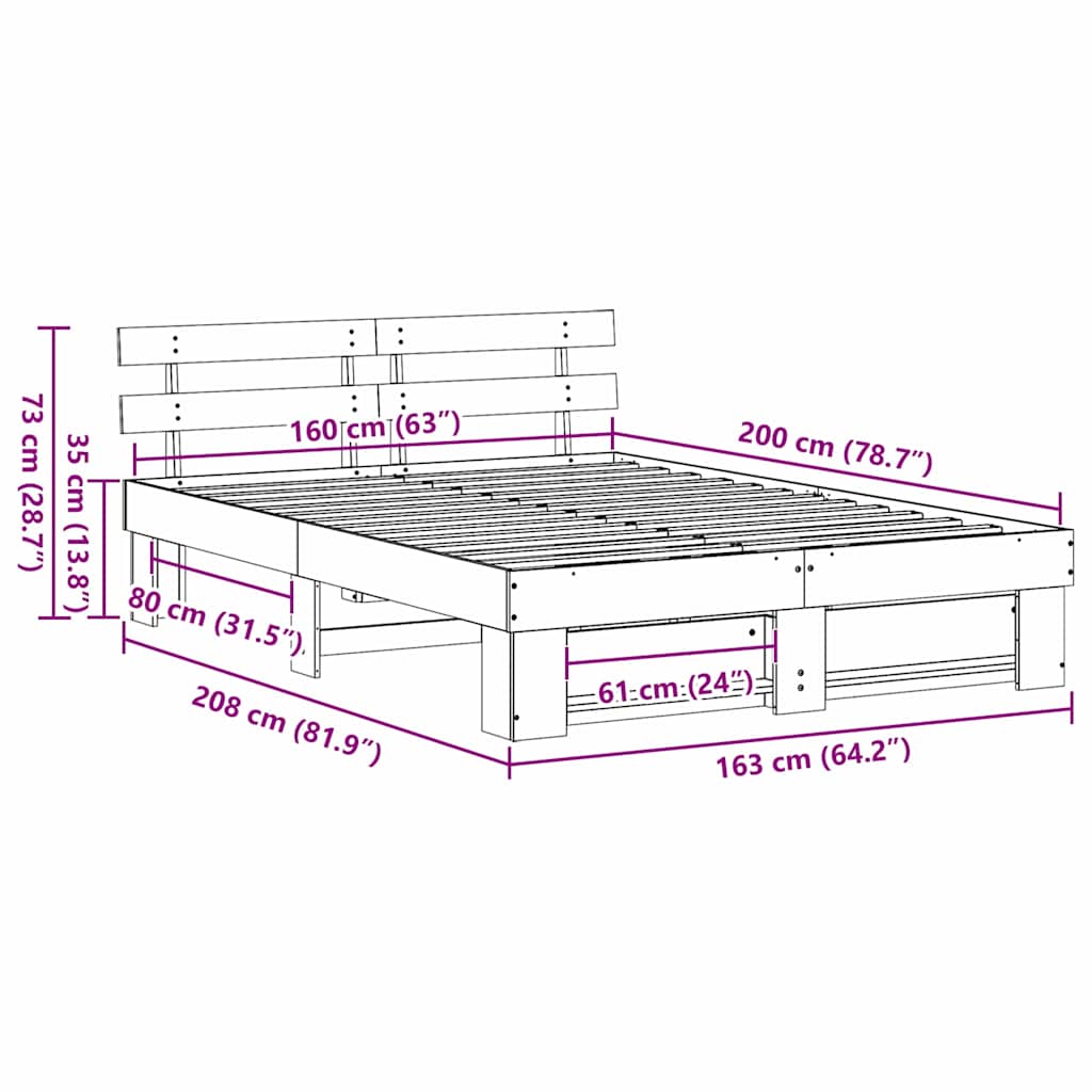 Bed Frame with Headboard White 160 x 200 cm Solid Pine Wood