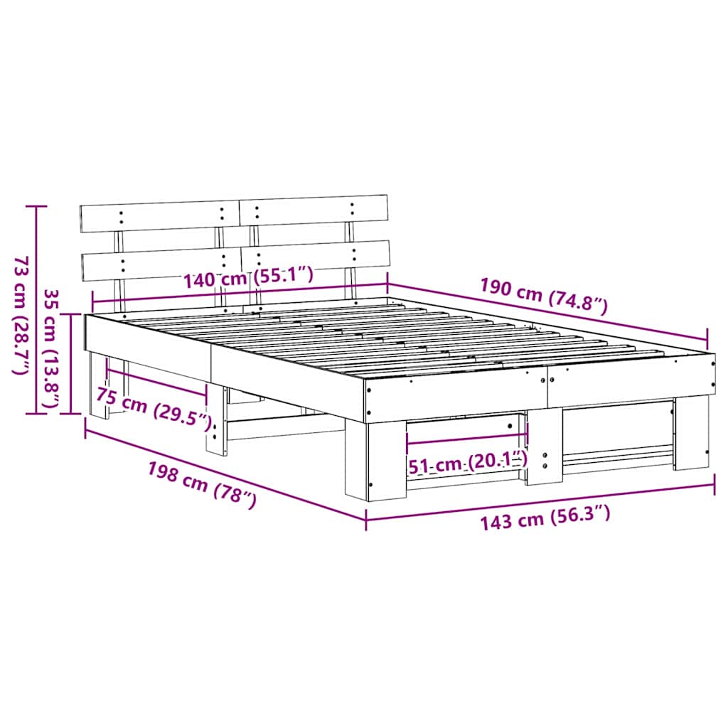 Bed Frame with Headboard Brown 140 x 190 cm Solid Pine Wood