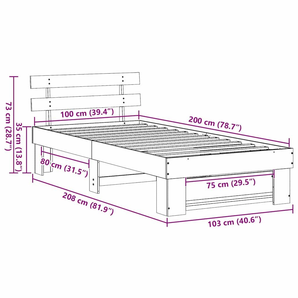 Bed Frame with Headboard Wax Brown 100 x 200 cm Solid Pine Wood