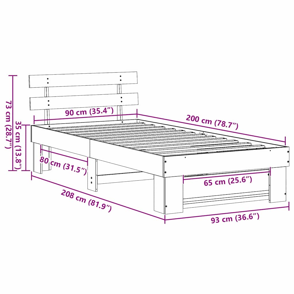 Bed Frame with Headboard White 90 x 200 cm Solid Pine Wood