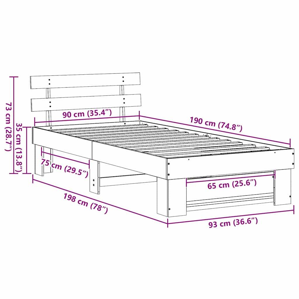 Bed Frame with Headboard White 90 x 190 cm Solid Pine Wood