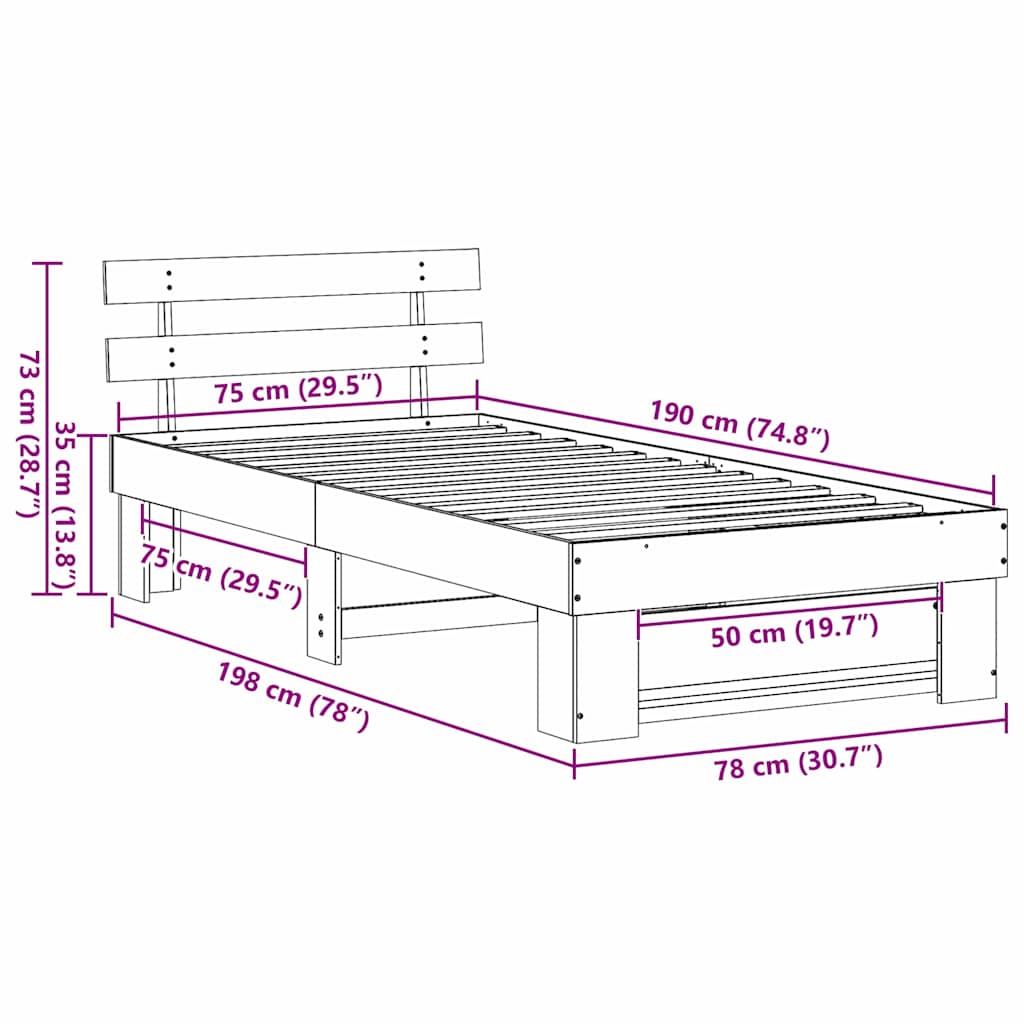 Bed Frame with Headboard White 75 x 190 cm Solid Pine Wood
