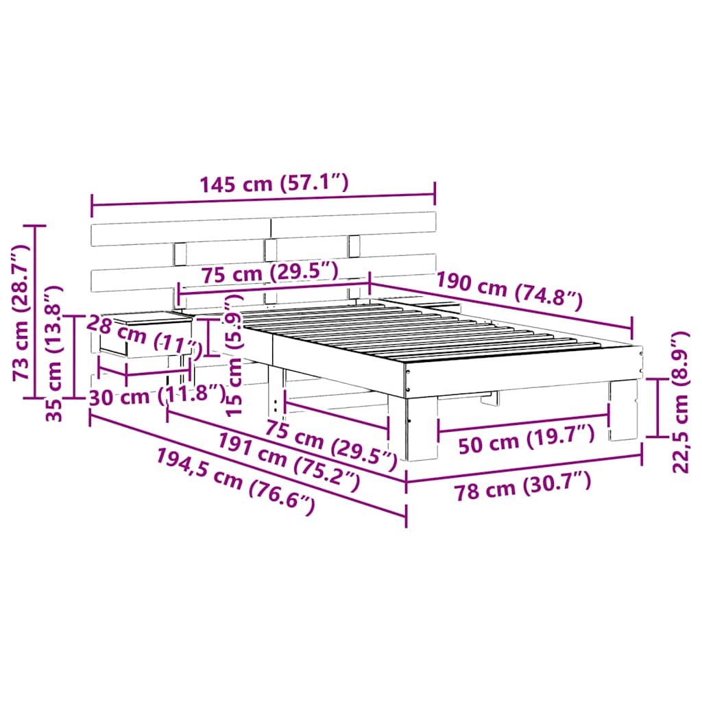 Bed Frame with Headboard Brown 75 x 190 cm Solid Pine Wood