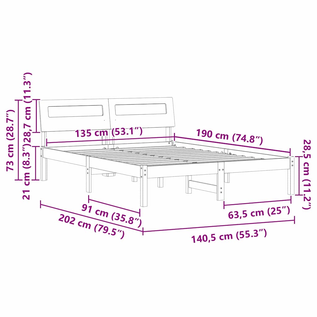 Bed Frame with Headboard Brown 135 x 190 cm Solid Pine Wood